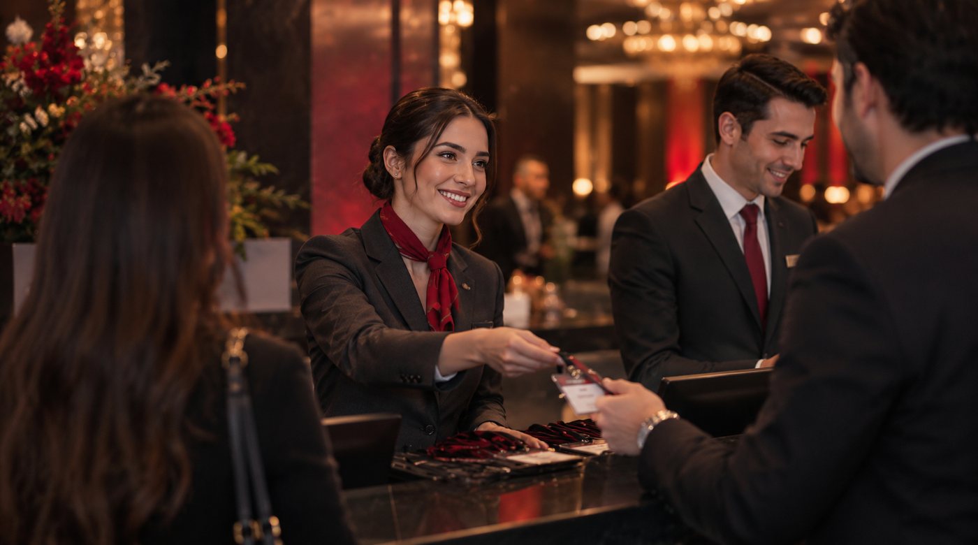 Kayıt masasında misafirlere yaka kartı veren hostes ve host
